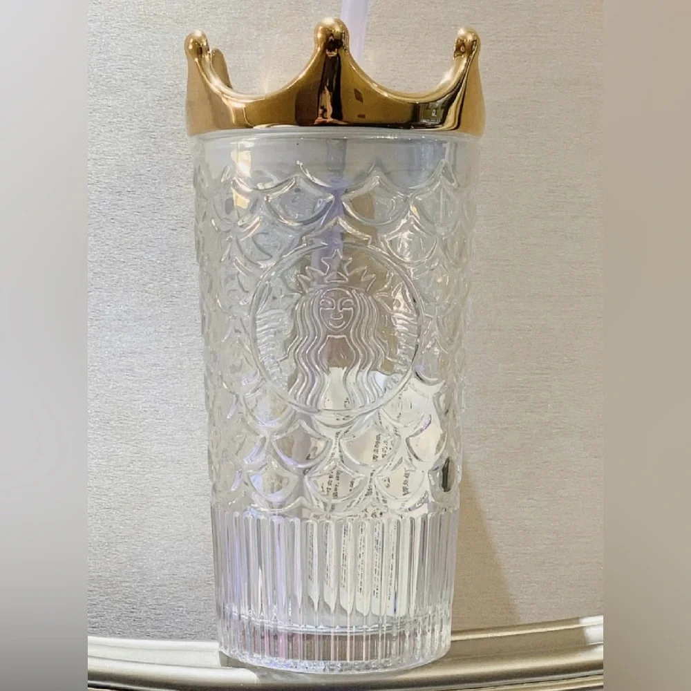 2020 Starbucks Gold Crown Lid Siren Mermaid Scale Iridescent Glass Tumbler 16 oz - Picture 1 of 4